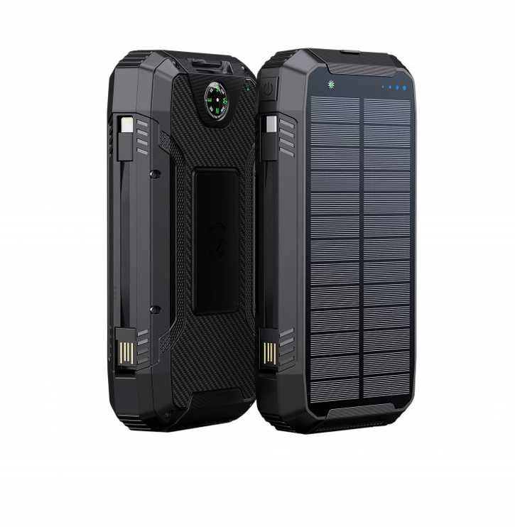 Winner Group WG - Išorinė baterija 20000 mAh, saulės baterija + belaidis įkrovimas 15 W + žibintuvėlis + kompasas, USB-C PD 20 W, juoda