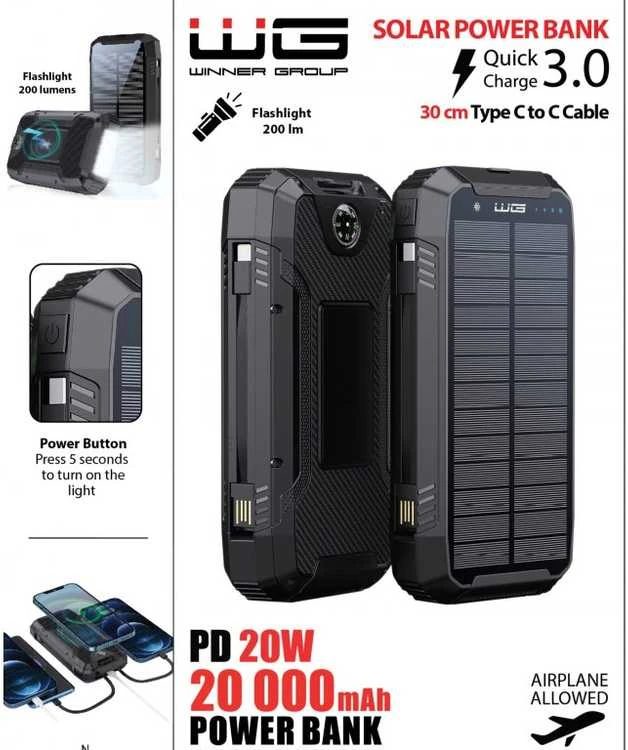 Winner Group WG - Išorinė baterija 20000 mAh, saulės baterija + belaidis įkrovimas 15 W + žibintuvėlis + kompasas, USB-C PD 20 W, juoda