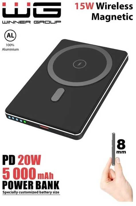 „Winner Group WG“ – išorinė baterija 5000 mAh, belaidė 15 W + PD 20 W, juoda
