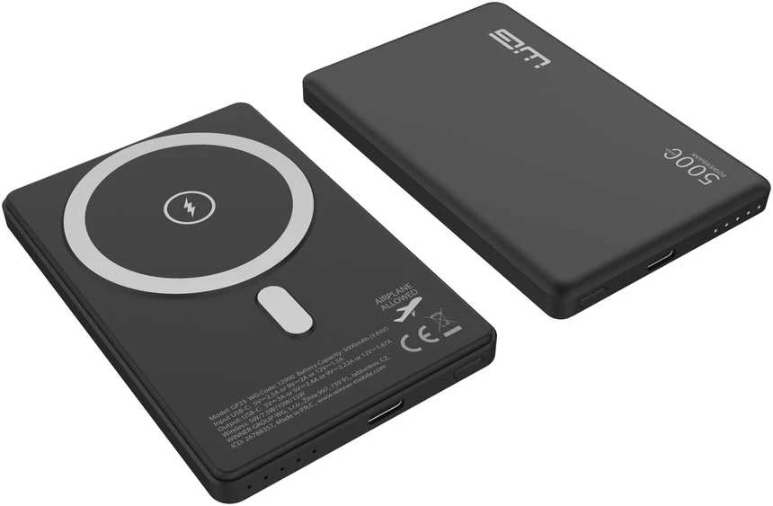 „Winner Group WG“ – išorinė baterija 5000 mAh, belaidė 15 W + PD 20 W, juoda