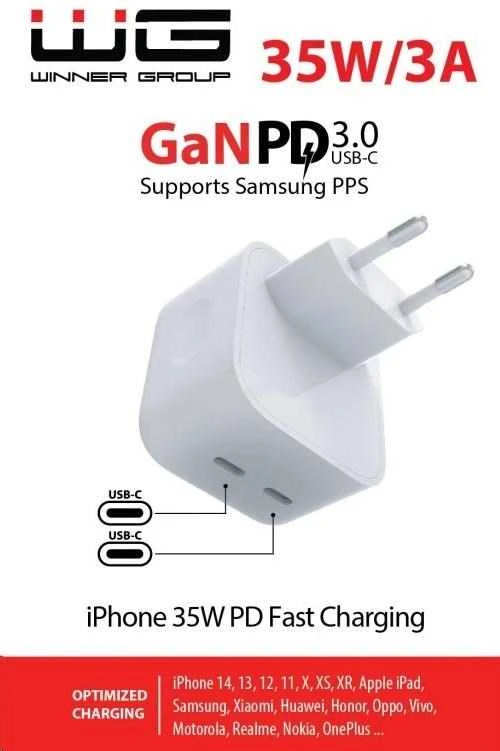 „Winner Group WG“ – GaN 2x USB-C 35W maitinimo adapteris, baltas