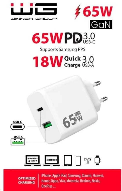 „Winner Group WG“ – GaN maitinimo įkroviklis, 2x USB 65W, 1x USB-C PD 65W + 1x USB-A QC3.0 18W, baltas