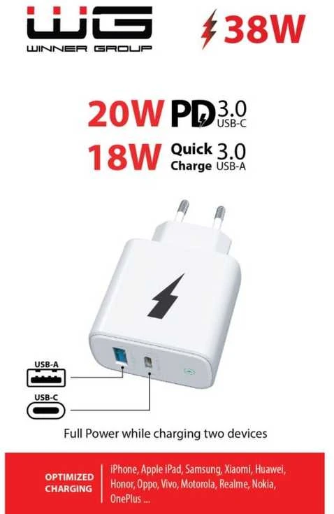 „Winner Group WG“ – maitinimo adapteris, 2x USB 38W, 1x USB-C PD 20W + 1x USB-A QC 3.0 18W, baltas