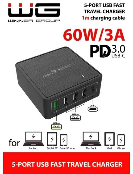 „Winner Group WG“ – maitinimo adapteris, 5x USB 60W, 1x USB-A QC 3.0 + 3x USB-A išmanusis IC + 1x USB-C PD, juodas