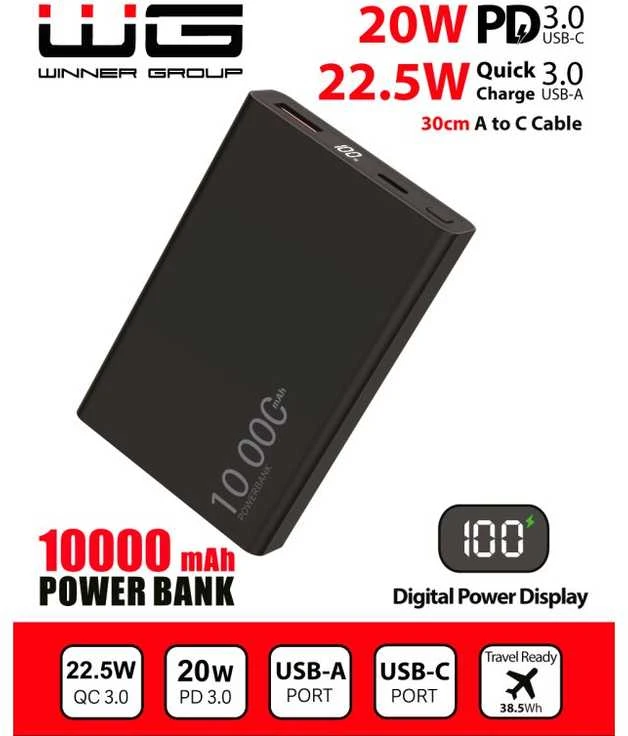 Winner Group WG - Išorinė baterija 10000 mAh, USB-C PD 20W + USB-A 22.5W, juoda