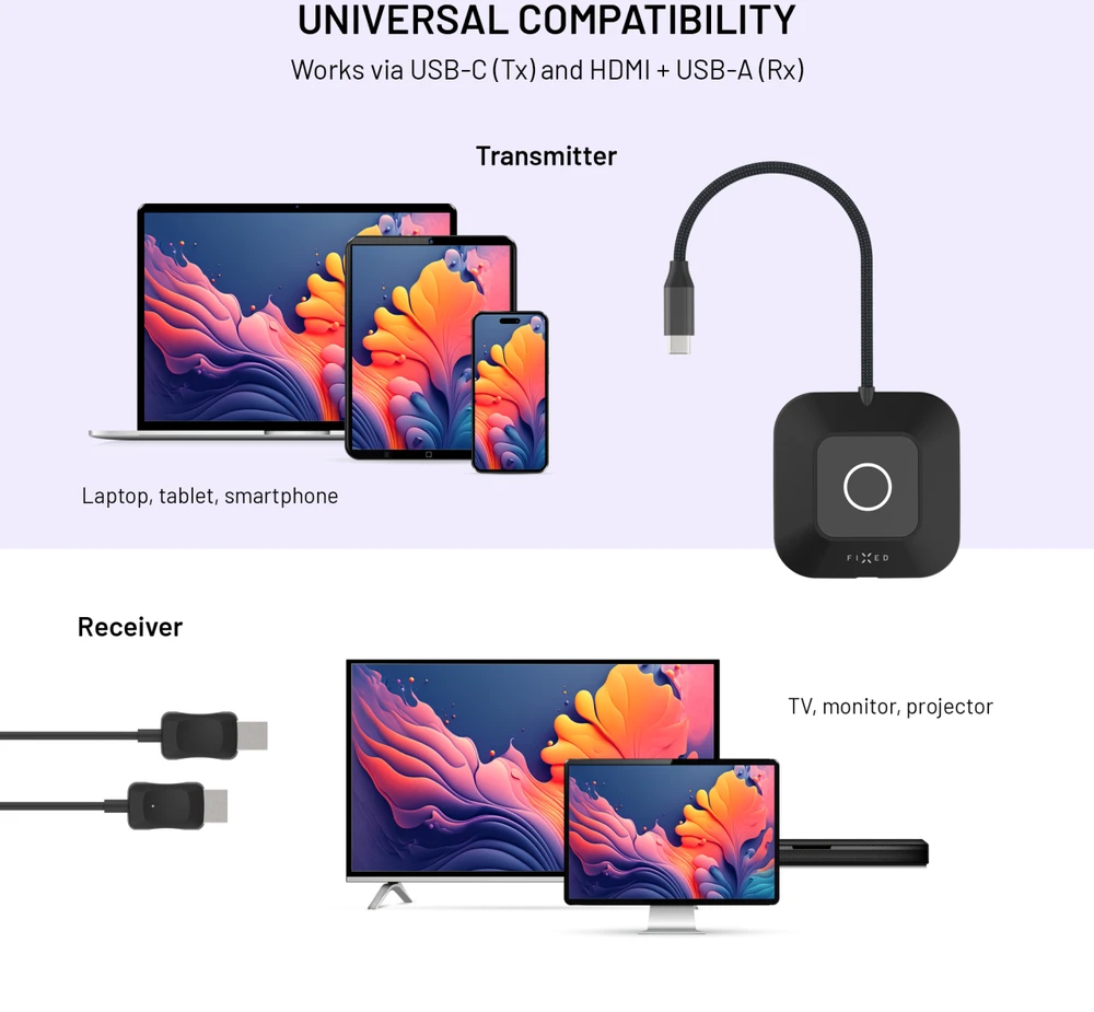 Fixed Fiksuota AV signalo perdavimo sistema Belaidis HDMI siųstuvas / siųstuvas Fiksuotas AirLink, 100W, PD 3.0, juodas