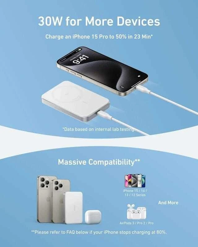 „Anker MagGo“ išorinė baterija 10K magnetinė, belaidė, balta