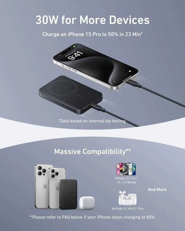 Anker MagGo Wireless Powerbank (su 30 W C prievadu, itin plonas) | A1664H11 | 10000 mAh | Juodas