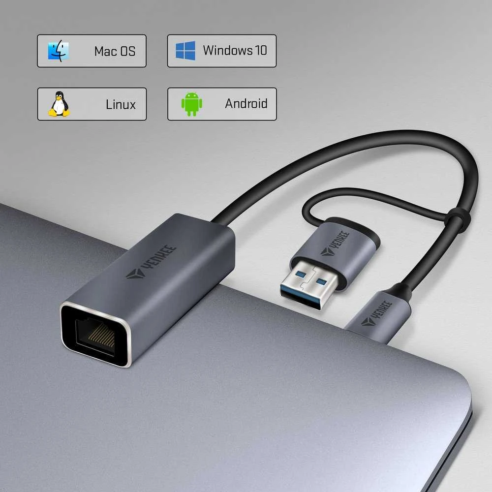 Yenkee USB-C į Ethernet adapteris su suderinamumo piktogramomis