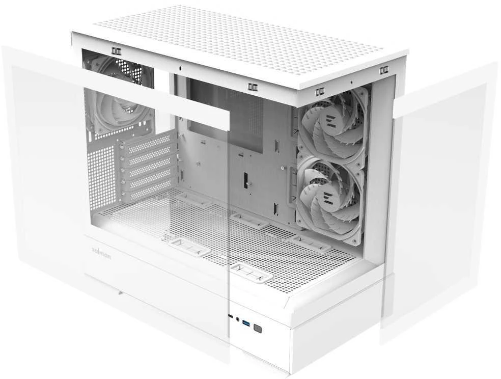 Zalman P30 V2 Baltas micro-ATX grūdinto stiklo panoraminis vaizdas 3 x 120 mm ARGB ventiliatorius