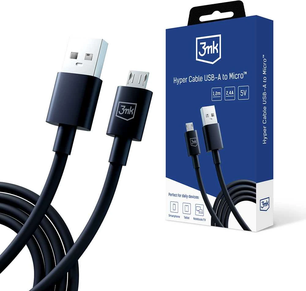 3MK Hyper Cable USB-A – Micro USB1.2m 5V 2,4A juodos spalvos cable