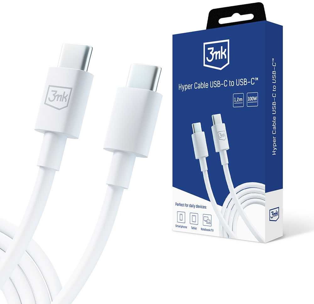 3MK Hyper Kabelis USB-C - USB-C 100W 1.2m baltos spalvos Kabelis
