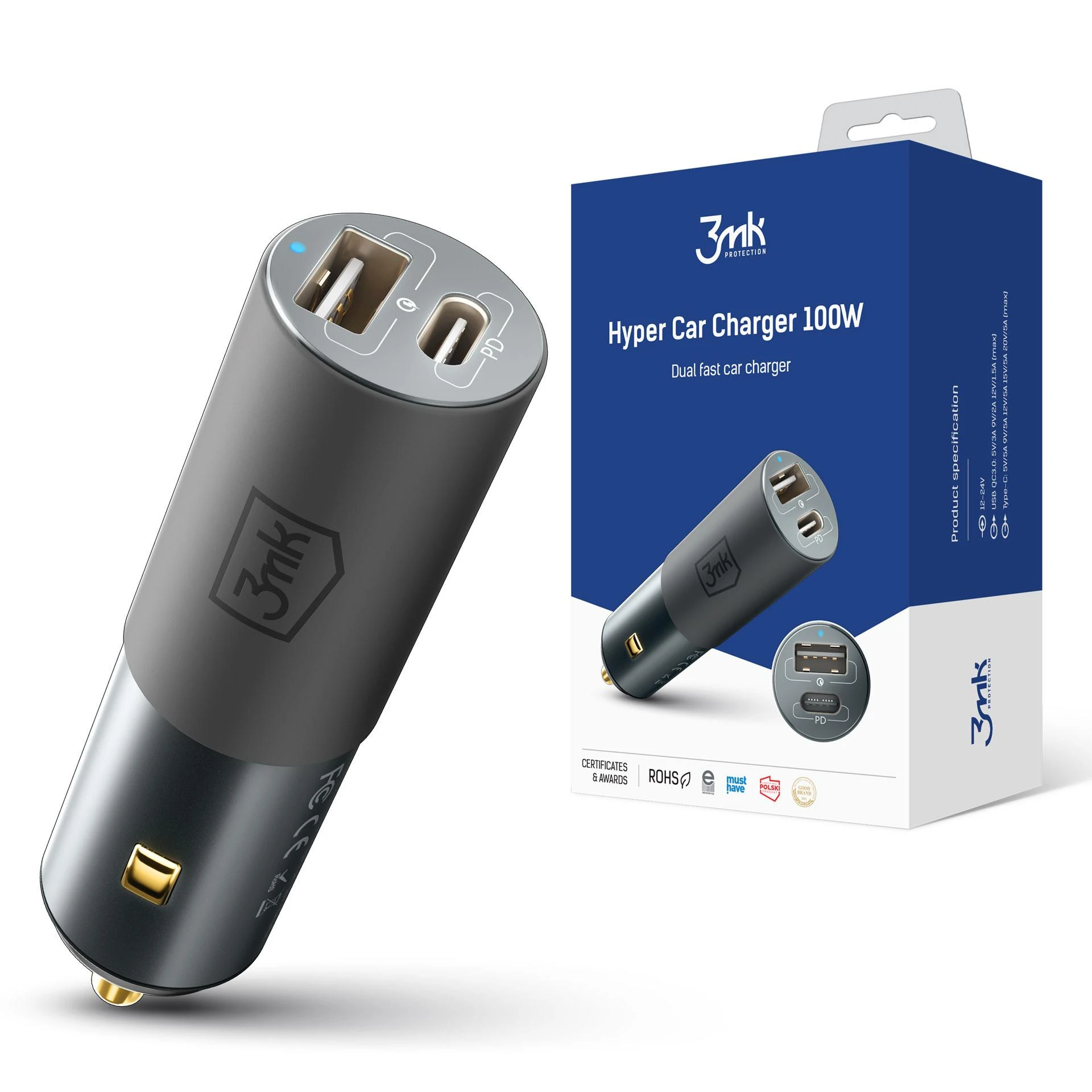 Įkroviklis automobilinis 3mk Hyper Car Charger 100W 1xUSB-C + 1xUSB-A