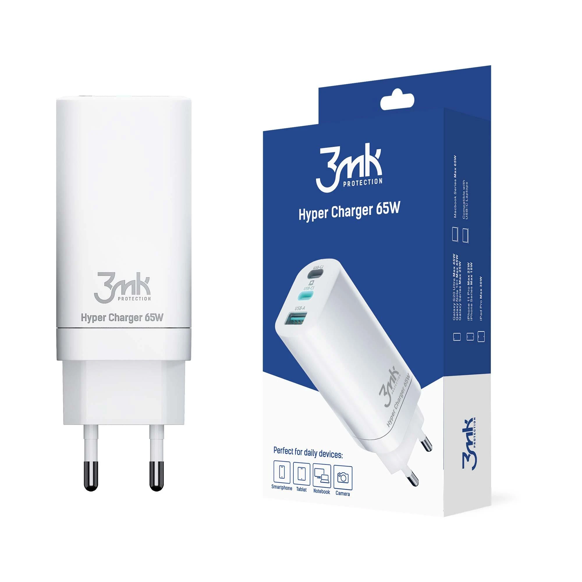 Įkroviklis buitinis 3mk HyperCharger 65W 2xUSB-C, 1xUSB-A PD 3.0/QC 4.0 baltas
