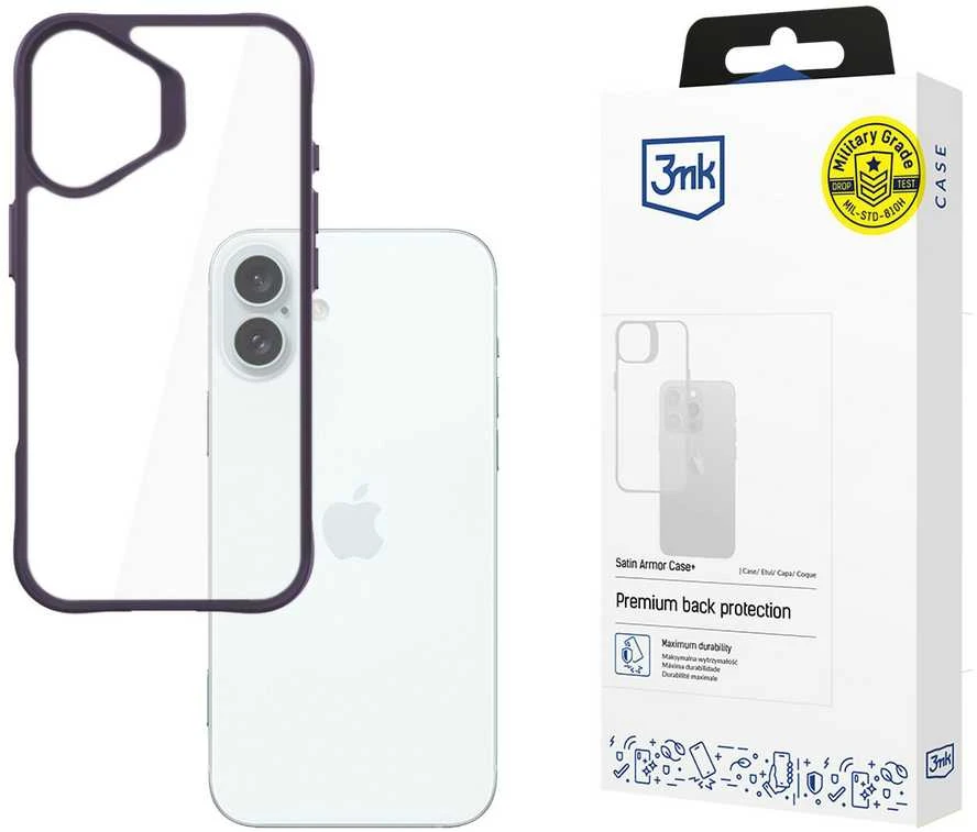 3MK SatinArmor+ Dėklas Apple iPhone 16 Plus 6.7″violetinės spalvos Military Grade