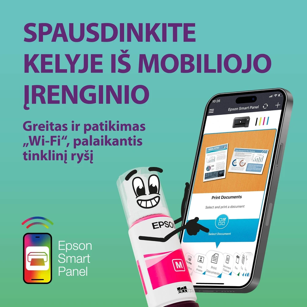 Daugiafunkcis rašalinis spausdintuvas Epson EcoTank L3361, A4, spalvotas, Wi-Fi, Wi-Fi Direct, AirPrint, LCD ekranas, juodas | C11CL63419