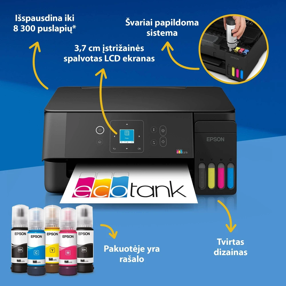 Daugiafunkcis rašalinis spausdintuvas Epson EcoTank L3361, A4, spalvotas, Wi-Fi, Wi-Fi Direct, AirPrint, LCD ekranas, juodas | C11CL63419