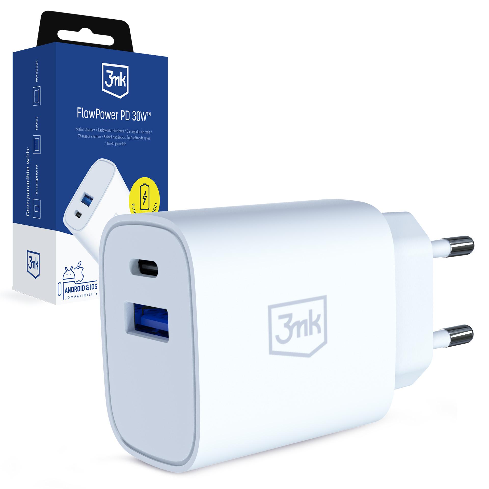 3mk FlowPower 30W 1A1C PD 3,0 QC4+ balta aprašymas - Prekės nuotrauka