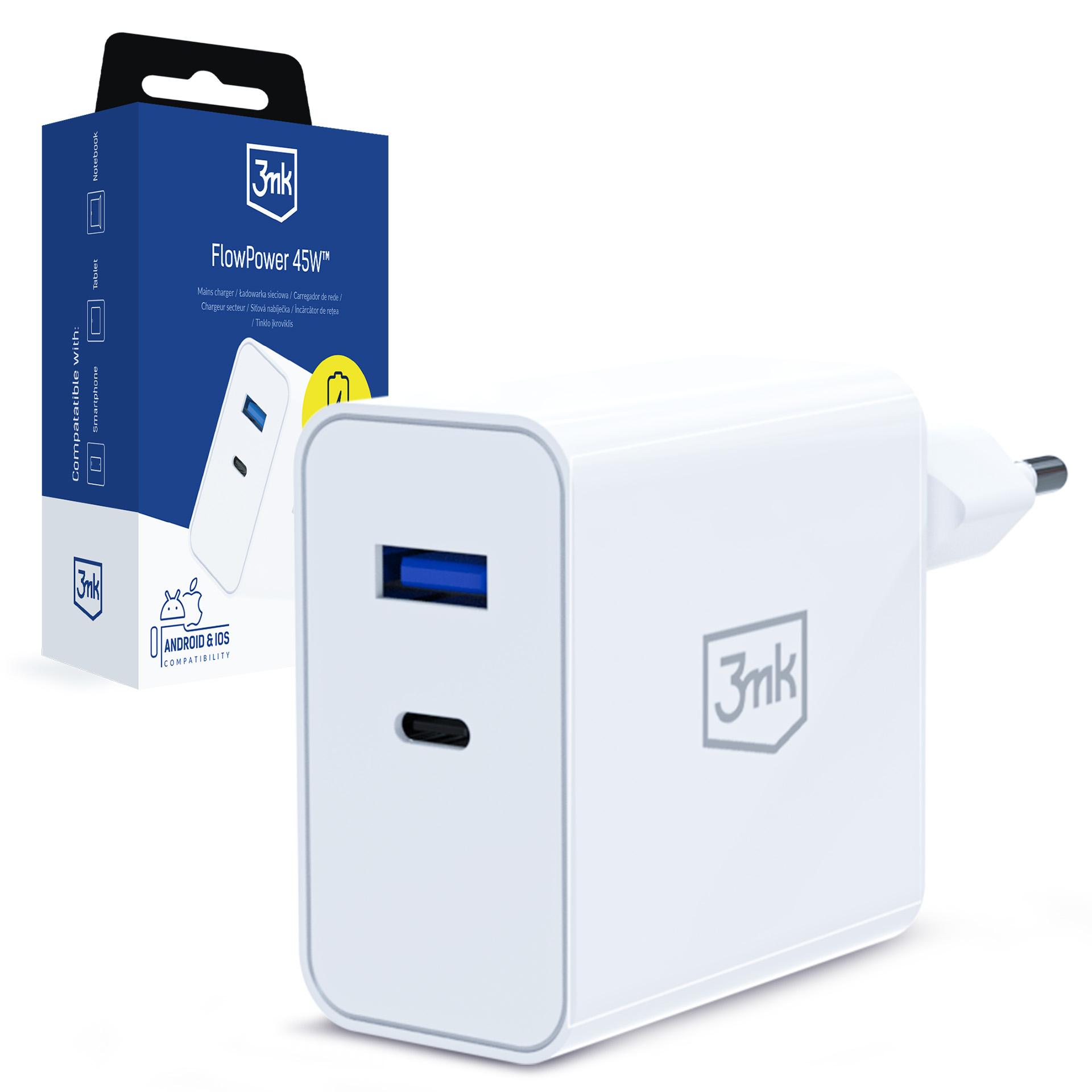 3mk FlowPower 45W 1A1C PD3.0 QC4+ balta aprašymas - Prekės nuotrauka