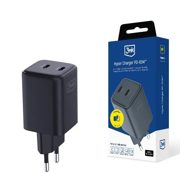 Laidinis įkroviklis 3MK Hyper Charger PD 45W GaN QC4+ PPS 2C Super-Fast Charge 2.0 juodos spalvos aprašymas - Prekės nuotrauka Laidinis įkroviklis 3MK Hyper Charger PD 45W GaN QC4+ PPS 2C Super-Fast Charge 2.0 juodos spalvos aprašymas - Prekės nuotrauka