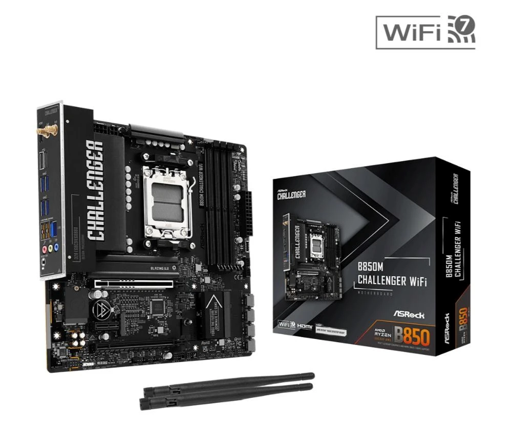 Pagrindinė plokštė ASROCK B850M Challenger WiFi DDR5 AM5 90-MXBU40-A0UAYZ mažmeninė prekyba aprašymas - Prekės nuotrauka