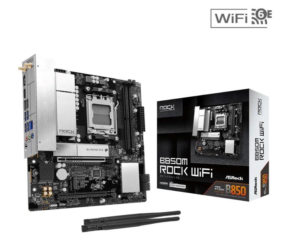 Pagrindinė plokštė ASRock MB Sc AM5 B850M ROCK WIFI, AMD B850, 4xDDR5, 1xDP, 1xHDMI, WiFi, mATX aprašymas - Prekės nuotrauka
