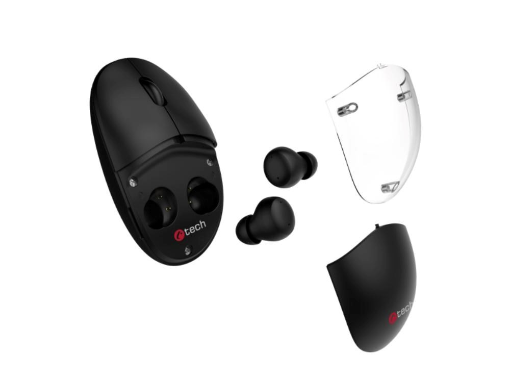 C-TECH pelė s TWS sluchátky Dual mode WLM-21, bezdrátová, BT5.0 + 2,4GHz, 1600DPI, 3 tlačítka, USB nano receiver, juoda aprašymas - Prekės nuotrauka