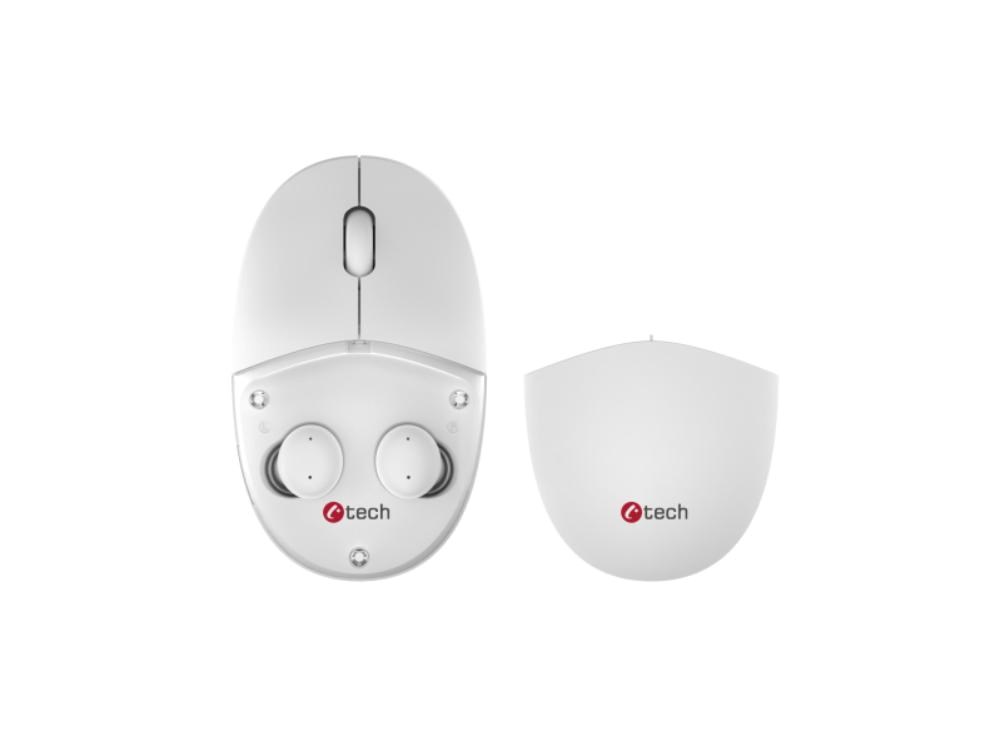 C-TECH pelė s TWS sluchátky Dual mode WLM-21, bezdrátová, BT5.0 + 2,4GHz, 1600DPI, 3 tlačítka, USB nano receiver, bílá aprašymas - Prekės nuotrauka