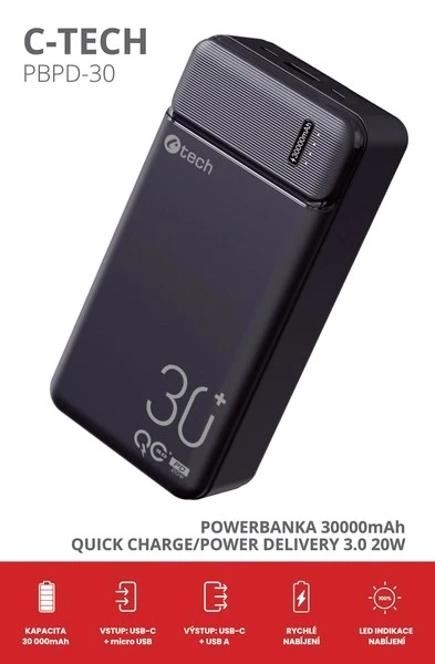 C-TECH išorinė baterija 30000mAh, ličio polimerų, 20W, USB-C/USB-A/micro USB aprašymas - Prekės nuotrauka C-TECH išorinė baterija 30000mAh, ličio polimerų, 20W, USB-C/USB-A/micro USB aprašymas - Prekės nuotrauka