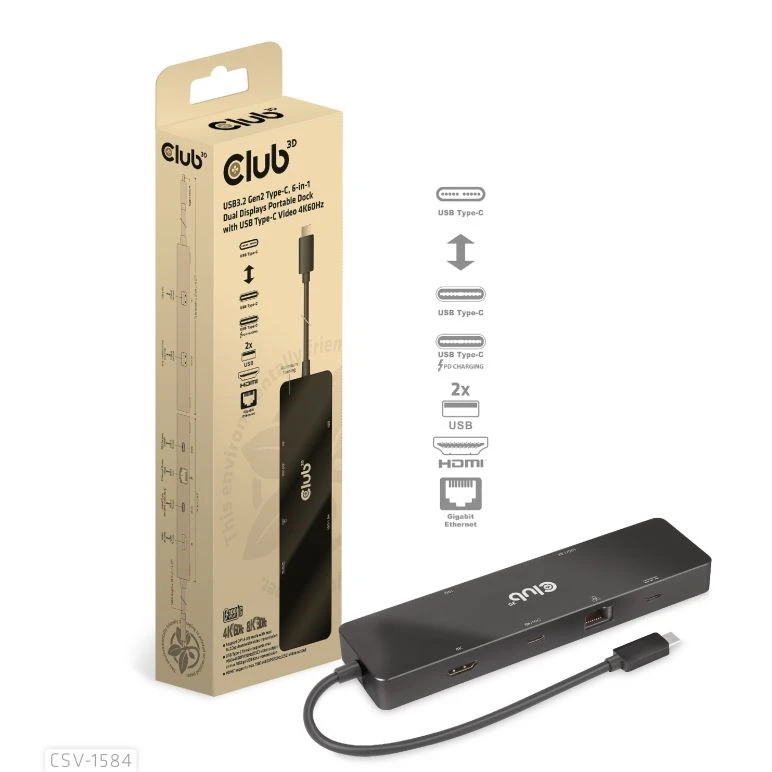 HUB USB Club 3D Club 3D dokumetas USB-C 3.2 Gen1 6in1 Hub 1x USB-C Video 4K60Hz, 1x HDMI 4K60Hz, 2x USB-A, USB-C PD 100W, RJ45 aprašymas - Prekės nuotrauka