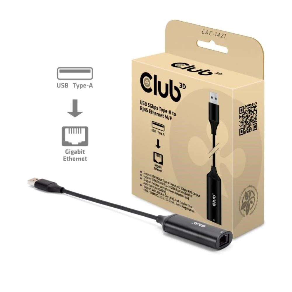 Adapteris USB Club 3D USB-A - RJ-45 Juodas (CAC-1421) aprašymas - Prekės nuotrauka Adapteris USB Club 3D USB-A - RJ-45 Juodas (CAC-1421) aprašymas - Prekės nuotrauka