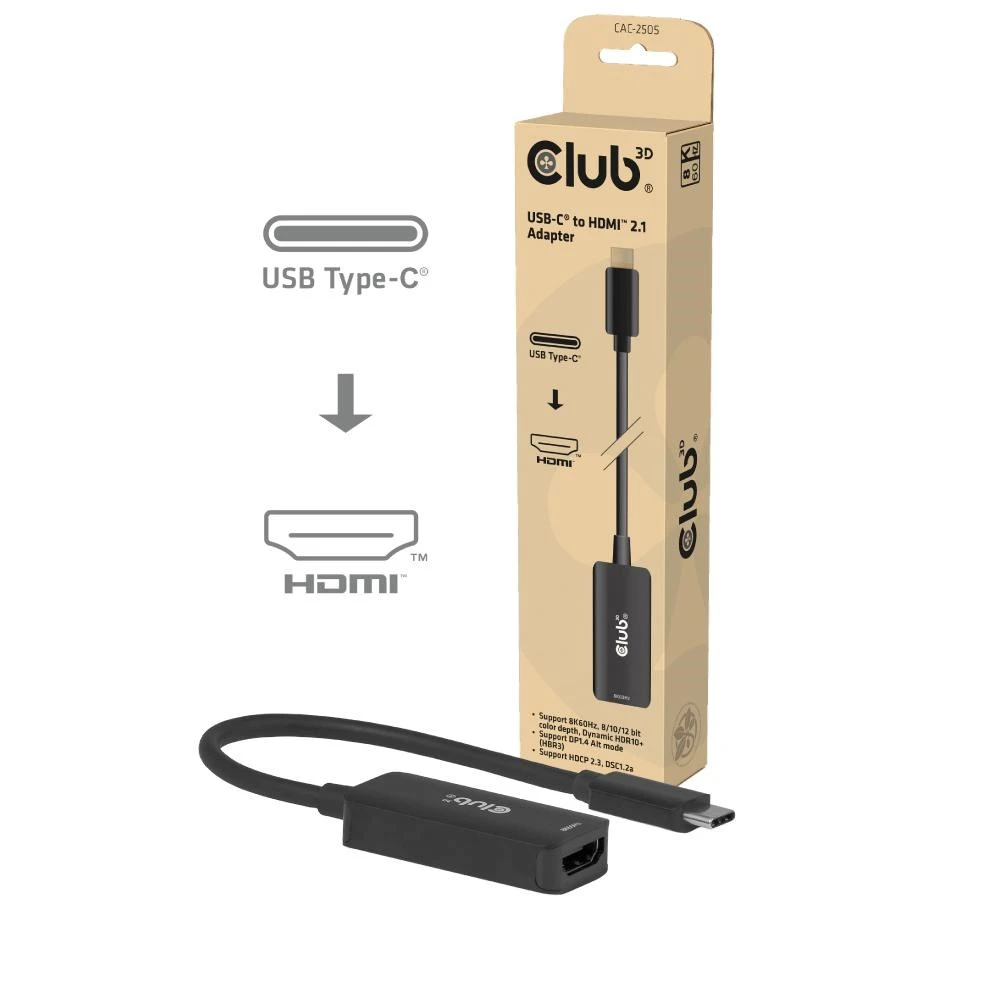 Adapteris USB Club 3D CAC-2505 USB-C - HDMI Juodas (CAC-2505) aprašymas - Prekės nuotrauka