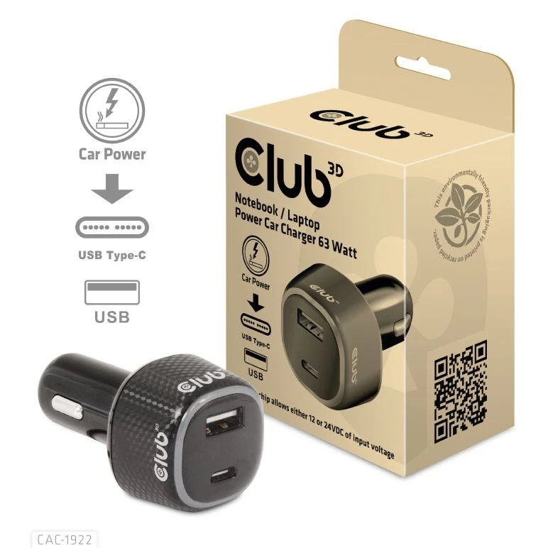 Club 3D Automobilinis įkroviklis USB + USB-C 63W aprašymas - Prekės nuotrauka Club 3D Automobilinis įkroviklis USB + USB-C 63W aprašymas - Prekės nuotrauka