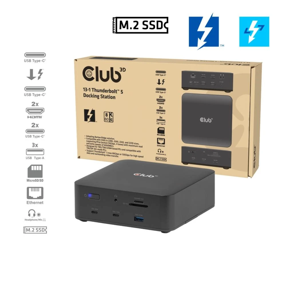 Club 3D CLUB3D CSV-2562 13-1 Doko stotelė Thunderbolt™ 5 M.2 SSD 2x HDMI™ 8K60Hz Thunderbolt™ bendrinimo sertifikuota 180W aprašymas - Prekės nuotrauka Club 3D CLUB3D CSV-2562 13-1 Doko stotelė Thunderbolt™ 5 M.2 SSD 2x HDMI™ 8K60Hz Thunderbolt™ bendrinimo sertifikuota 180W aprašymas - Prekės nuotrauka