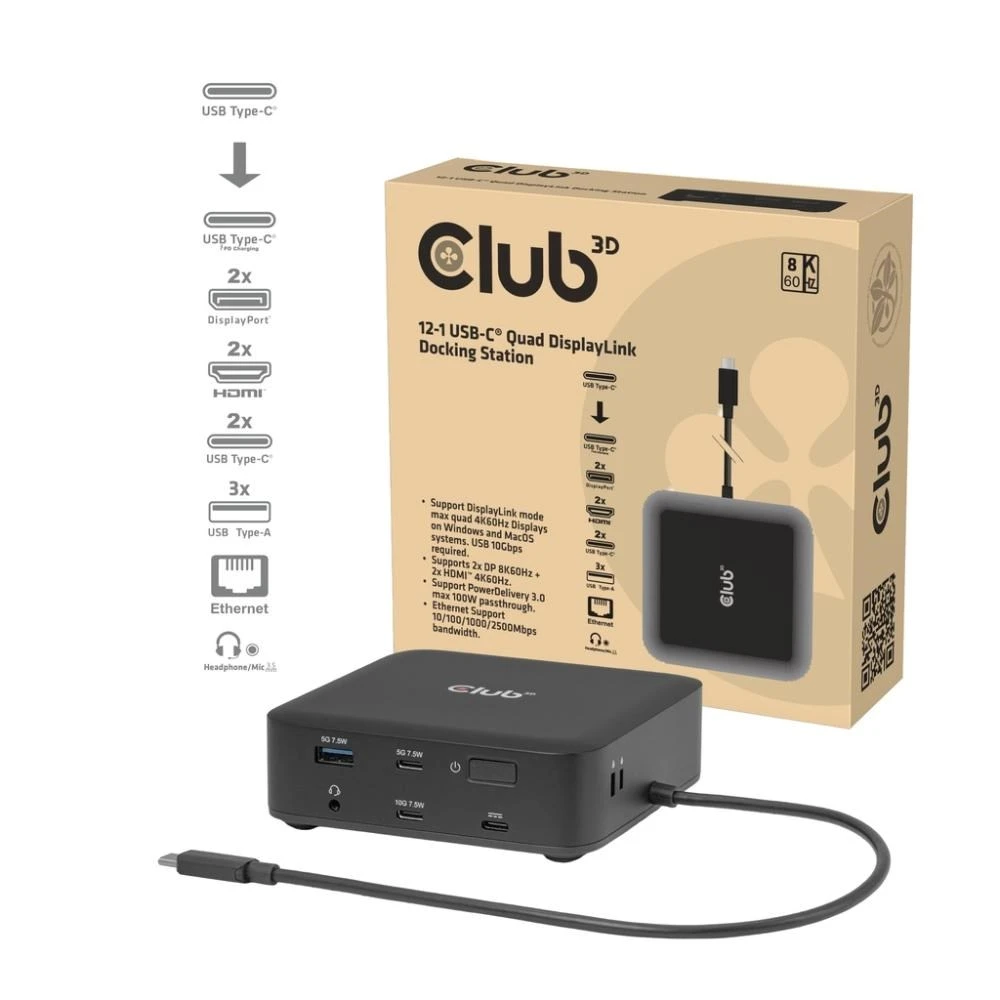 Stotelė/replikatorius Club 3D CSV-2542 doko stotelė, laidinė, USB 3.2 Gen 2 (3.1 Gen 2) Type-C Juodas aprašymas - Prekės nuotrauka