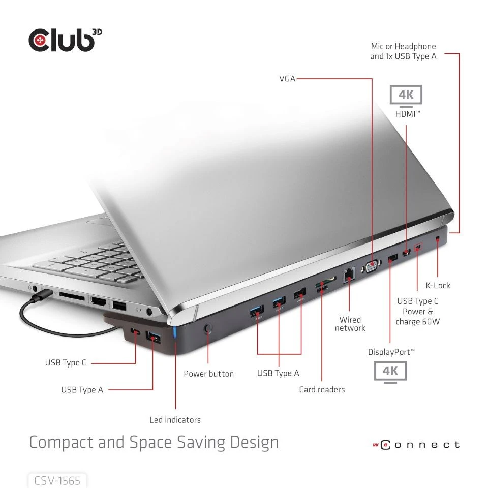 Club 3D USB-C stotis / replikatorius (CSV-1565) aprašymas - Prekės nuotrauka