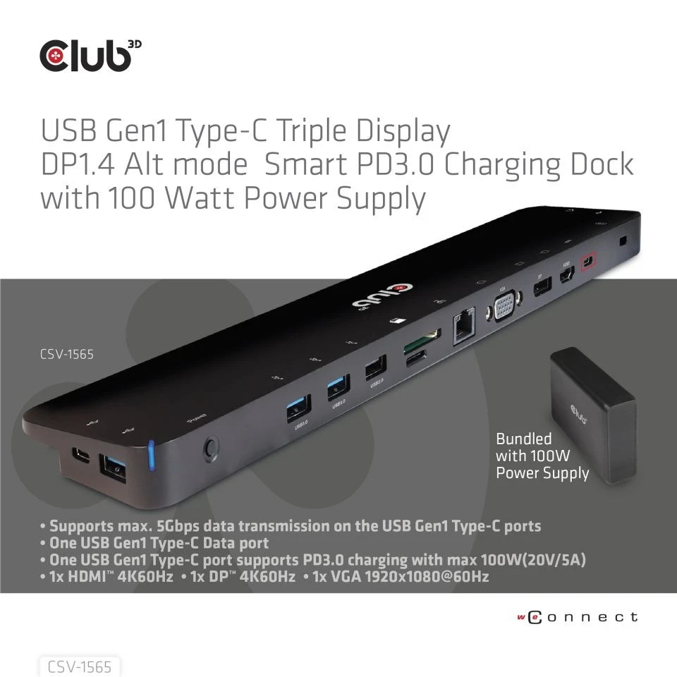Club 3D USB-C stotis / replikatorius (CSV-1565) aprašymas - Prekės nuotrauka