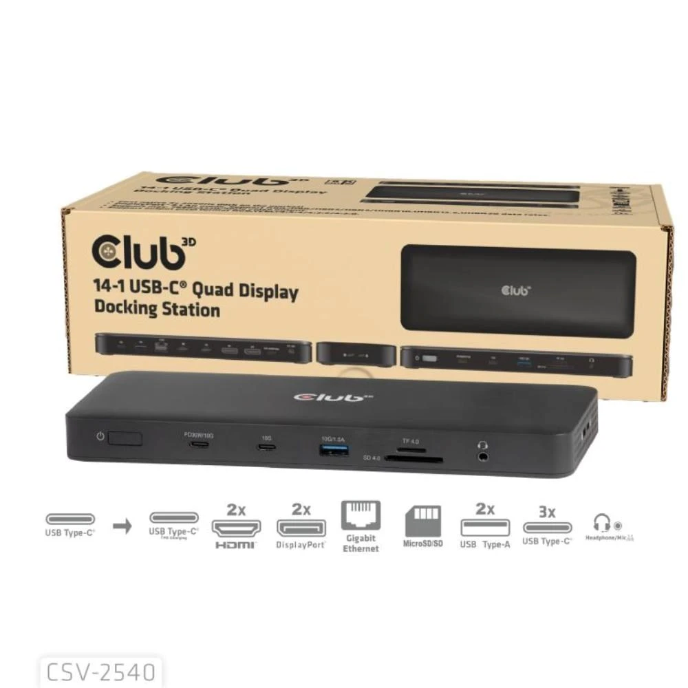Club 3D „Club3D“ USB-C krovimo stotelė 14v1, 2xHDMI, 2xDP, 3xUSB-C, 1xUSB-C PD, 2xUSB, 1xRJ45, 1x3,5 mm, Micro SD/SD, juoda aprašymas - Prekės nuotrauka