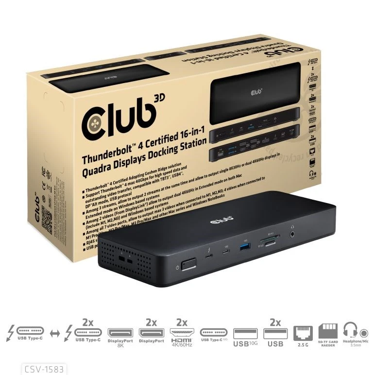 „Club 3D Club3D“ prijungimo stotis 16 viename „ThunderBolt 4“, (2 x „Thunderbolt“, 3 x DP, 2 x HDMI, 3 x USB, RJ45, SD-TF kortelė, 1 x USB-C, 150 W PD) aprašymas - Prekės nuotrauka „Club 3D Club3D“ prijungimo stotis 16 viename „ThunderBolt 4“, (2 x „Thunderbolt“, 3 x DP, 2 x HDMI, 3 x USB, RJ45, SD-TF kortelė, 1 x USB-C, 150 W PD) aprašymas - Prekės nuotrauka