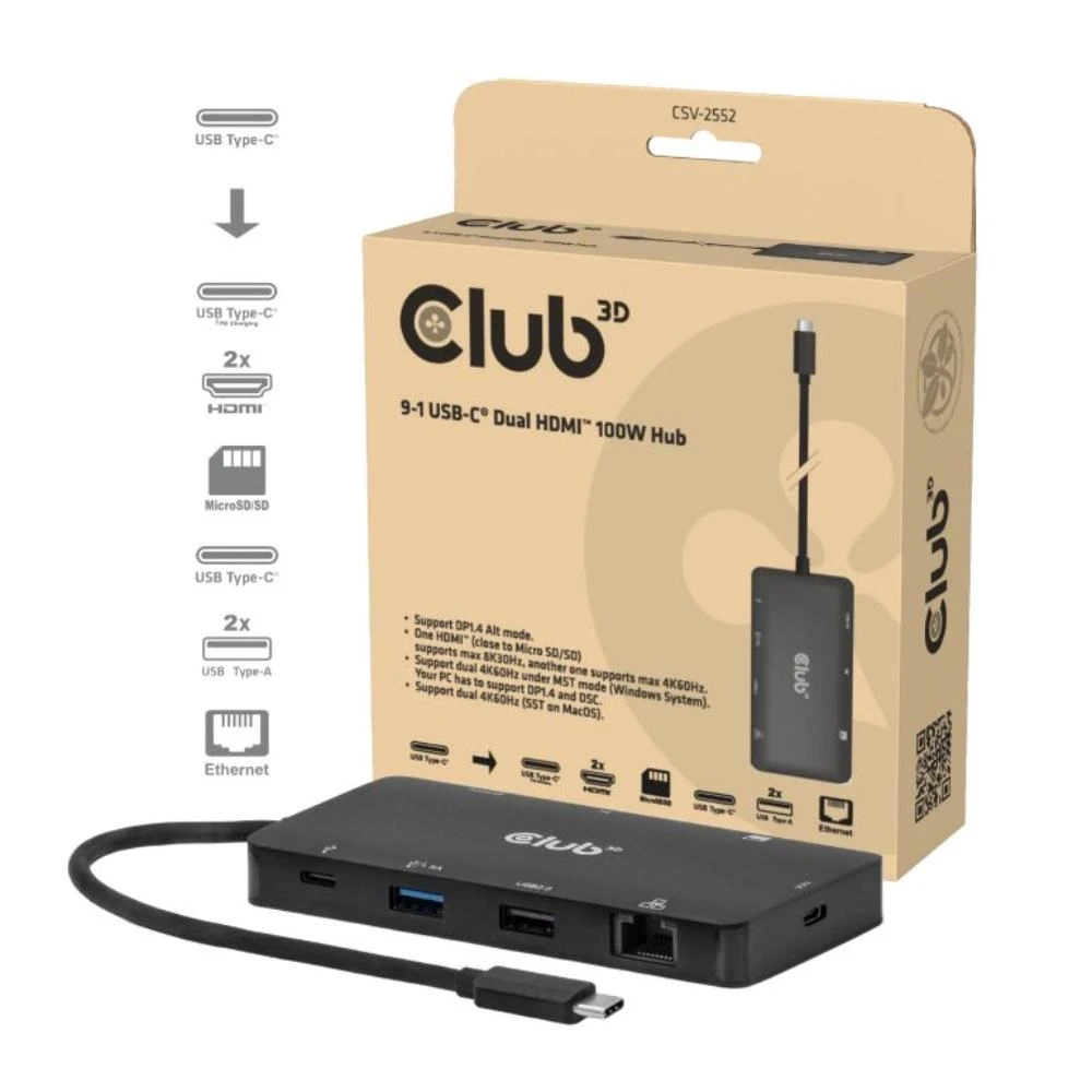 Club 3D „Club3D“ USB-C 9in1 šakotuvas > 2xHDMI/2xUSB/USB-C/LAN 4K60Hz PD100W mažmeninė prekyba aprašymas - Prekės nuotrauka