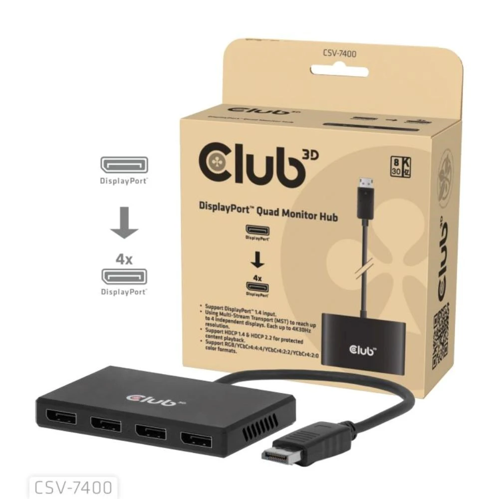 USB Club 3D šakotuvas MST (daugiasrautinis transportas) DisplayPort 1.4 su 4 DisplayPort, keturių monitorių, 4x 4K30Hz, 8K30Hz aprašymas - Prekės nuotrauka