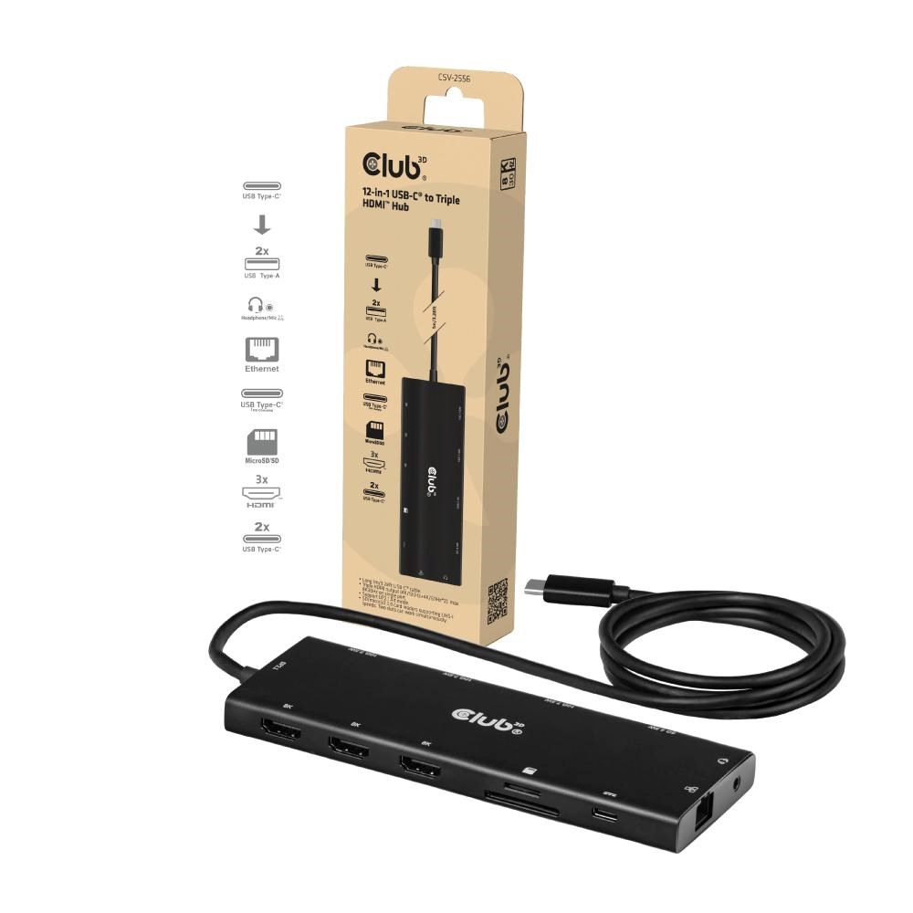 Club 3D CLUB3D 12-in-1 USB-C® to Triple HDMI™ Hub DP2.1 PD3.0 100W 1m/3.28ft, Wired, USB 3.2 Gen 1 (3.1 Gen 1) Type-C, 100 W, 3.5 mm, 1000 Mbit/s, Juodas aprašymas - Prekės nuotrauka