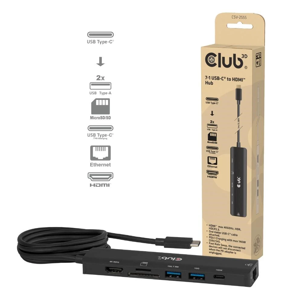 Club 3D „Club3D“ USB-C šakotuvas, 7 viename šakotuvas su 2x USB, 1x HDMI, 1x USB-C PD, RJ45, Micro SD/SD, 140 W, 4K 60 Hz, 1 m kabelis aprašymas - Prekės nuotrauka Club 3D „Club3D“ USB-C šakotuvas, 7 viename šakotuvas su 2x USB, 1x HDMI, 1x USB-C PD, RJ45, Micro SD/SD, 140 W, 4K 60 Hz, 1 m kabelis aprašymas - Prekės nuotrauka