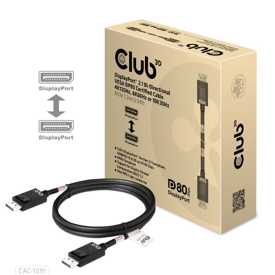 Club 3D Club3D Kabelis DisplayPort 2.1 na DisplayPort 2.1 4K120Hz/8K60Hz HDR (M/M), 1.2m, juoda aprašymas - Prekės nuotrauka Club 3D Club3D Kabelis DisplayPort 2.1 na DisplayPort 2.1 4K120Hz/8K60Hz HDR (M/M), 1.2m, juoda aprašymas - Prekės nuotrauka