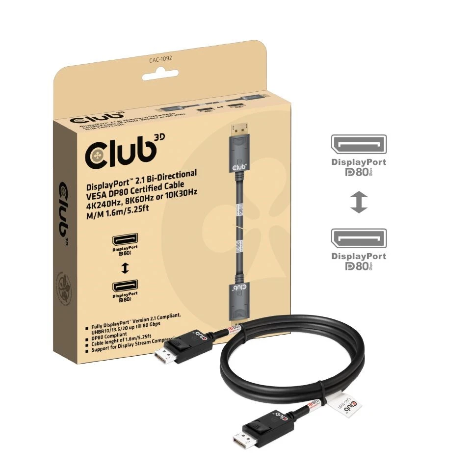 Club 3D Club3D Kabelis DisplayPort 2.1 na DisplayPort 2.1, VESA DP80, 4K240Hz/8K60Hz/10K60Hz (M/M), 1.6m, juoda aprašymas - Prekės nuotrauka Club 3D Club3D Kabelis DisplayPort 2.1 na DisplayPort 2.1, VESA DP80, 4K240Hz/8K60Hz/10K60Hz (M/M), 1.6m, juoda aprašymas - Prekės nuotrauka
