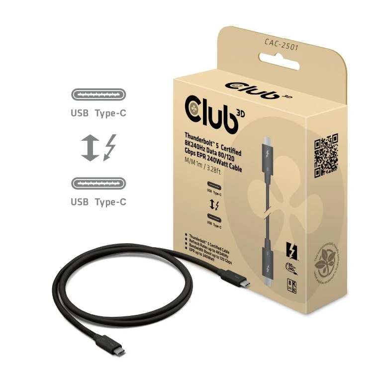 Club 3D Club3D Thunderbolt 5 kabelis, 80/120 Gbps, sertifikuotas kabelis, 1x 4K540Hz, 2x8K240Hz, PD 240W, 1m aprašymas - Prekės nuotrauka