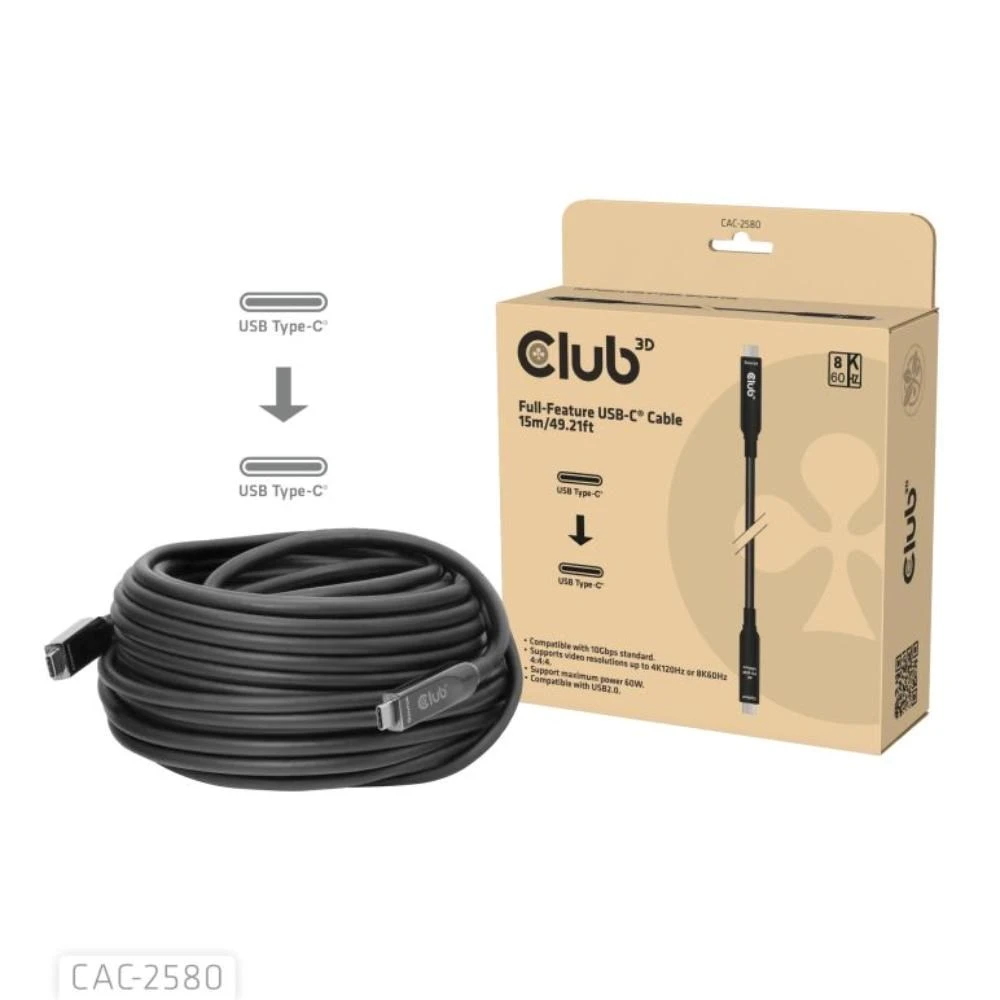 Kabelis USB Club 3D USB-C - USB-C 15 m Juodas (CAC-2580) aprašymas - Prekės nuotrauka Kabelis USB Club 3D USB-C - USB-C 15 m Juodas (CAC-2580) aprašymas - Prekės nuotrauka