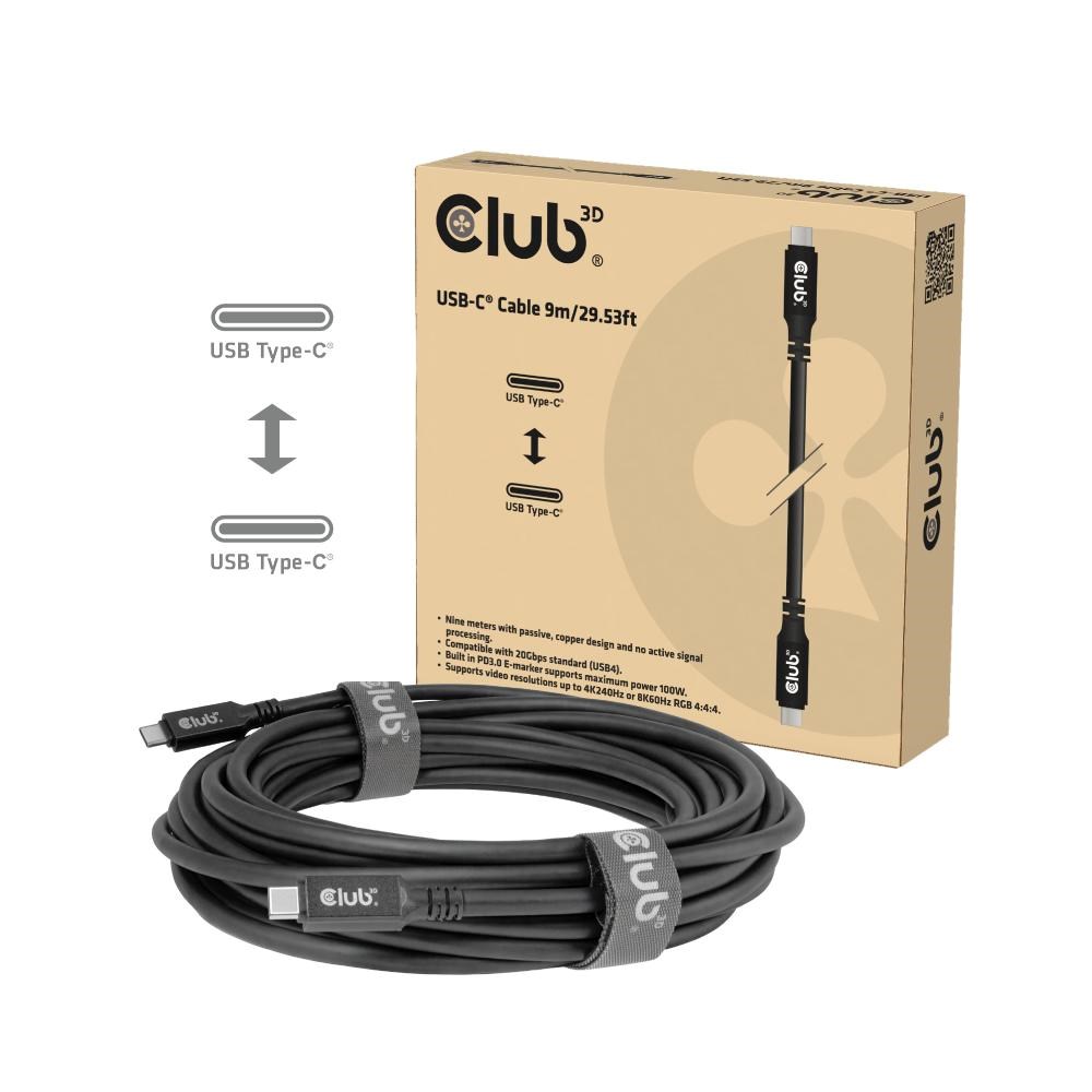 Club 3D CLUB3D USB-C® Cable 8K60Hz 100W 20Gbps USB4 9m/29.53ft, 9 m, USB C, USB C, USB4 Gen 2x2, 20 Gbit/s, Juodas aprašymas - Prekės nuotrauka