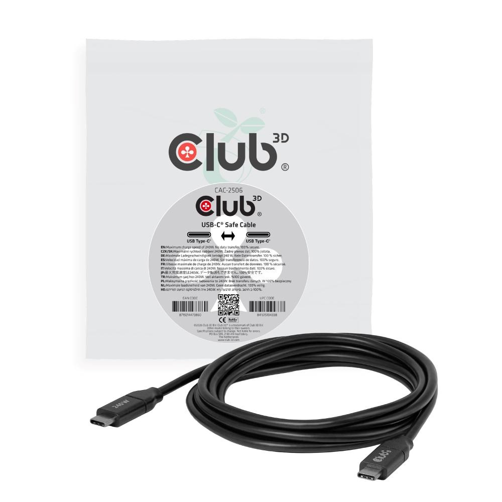 Club 3D Club3D Kabelis USB-C, 240W, 2m, juoda, Data Blocker pro bezpečné nabíjení aprašymas - Prekės nuotrauka