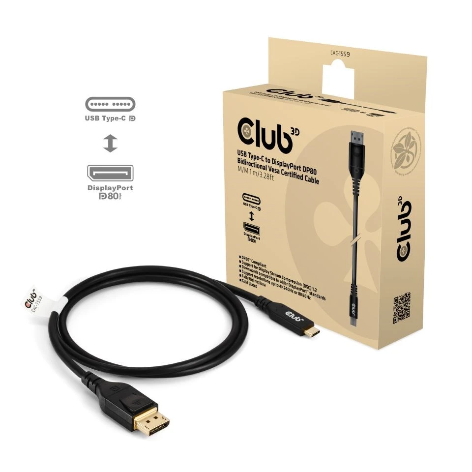 Kabelis Club 3D Club3D Kabelis USB Typ C DP 2.1 1m 10K60Hz St/St mažmeninė prekyba aprašymas - Prekės nuotrauka